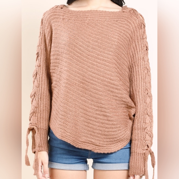 Onetheland Lace Up Arm Dolman Sleeve 100% Acryliv Beige Knit Sweater Size M - Picture 10 of 14